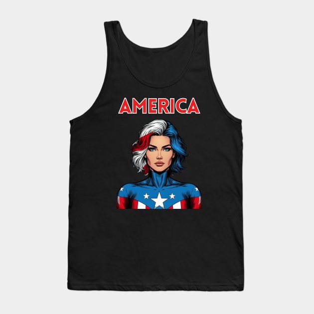 America: 4th of July Patriotic Comic Book Superhero Female Tank Top by Woodpile